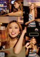 A collage of photos of a woman holding a glass of beer.